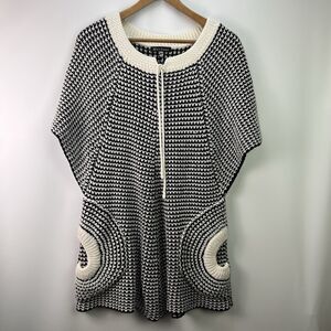 Mechant Black White Chunky Knit Sweater Tunic Armholes Pockets Drawstring OSFM